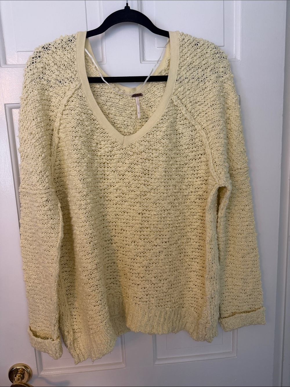 Free People Light Cream V-Neck Open Knit Sweater